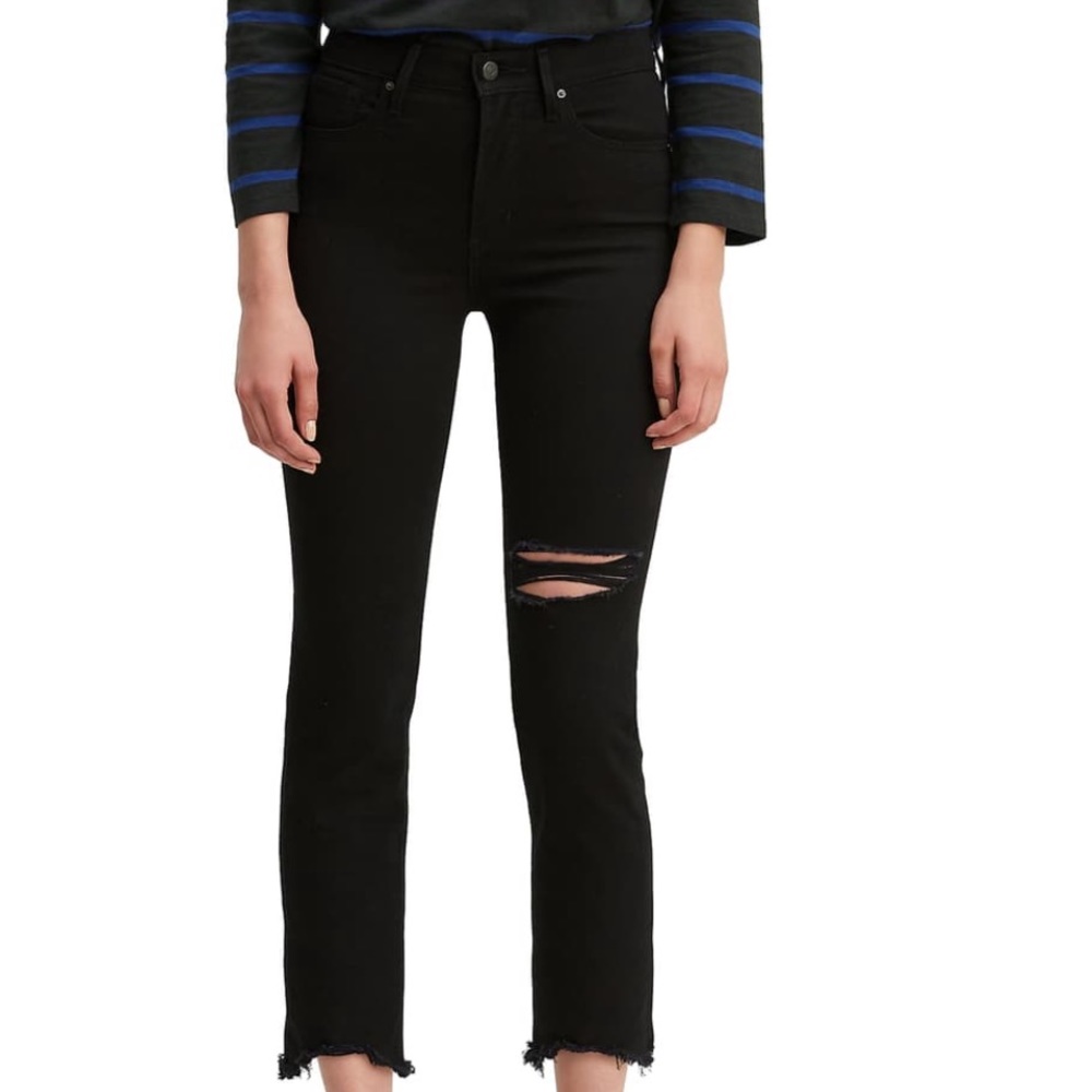 Ripped High Rise Straight Leg Black Jeans